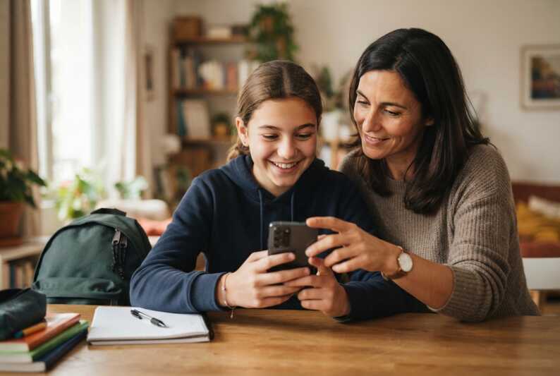Un parent accompagne son enfant utilisant un smartphone à la maison avec un sac à dos à proximité.
