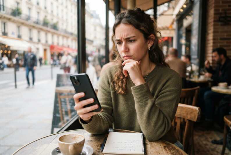 Une personne regarde son téléphone mobile devant une façade en hésitant à changer de forfait.