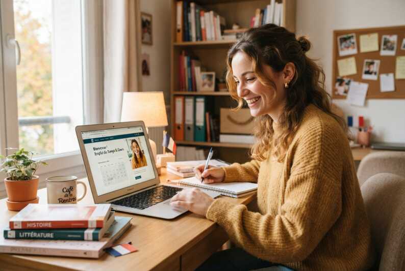 Une personne sourit devant son ordinateur portable dans un environnement de travail.