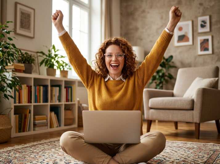 Une personne assise en tailleur sur un tapis avec un ordinateur portable, les bras levés en signe de victoire.
