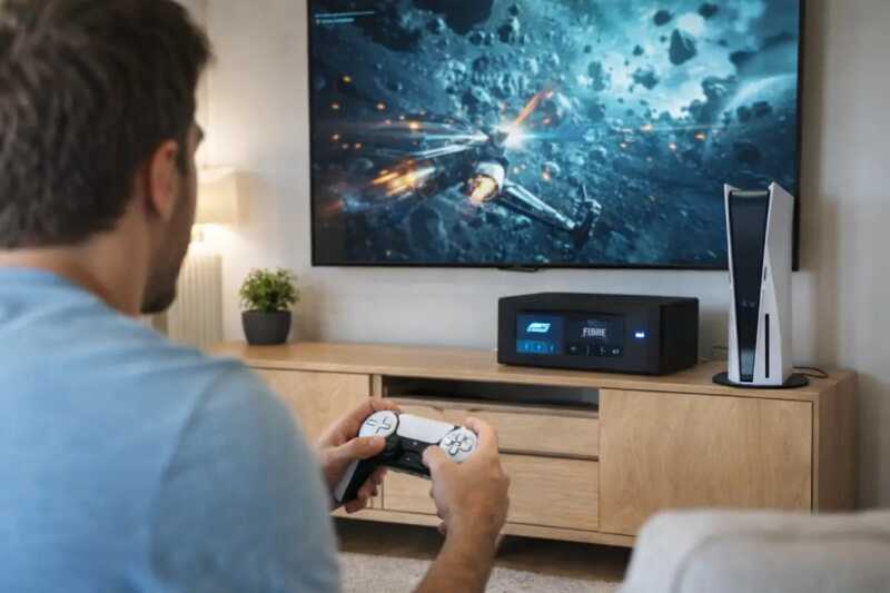 personne qui joue avec sa ps5 dans son salon connecte a sa bbox