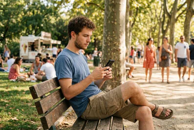 Personne au visage neutre regardant un smartphone en mode avion.