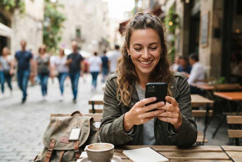 Personne souriante utilisant un smartphone noir en voyage.