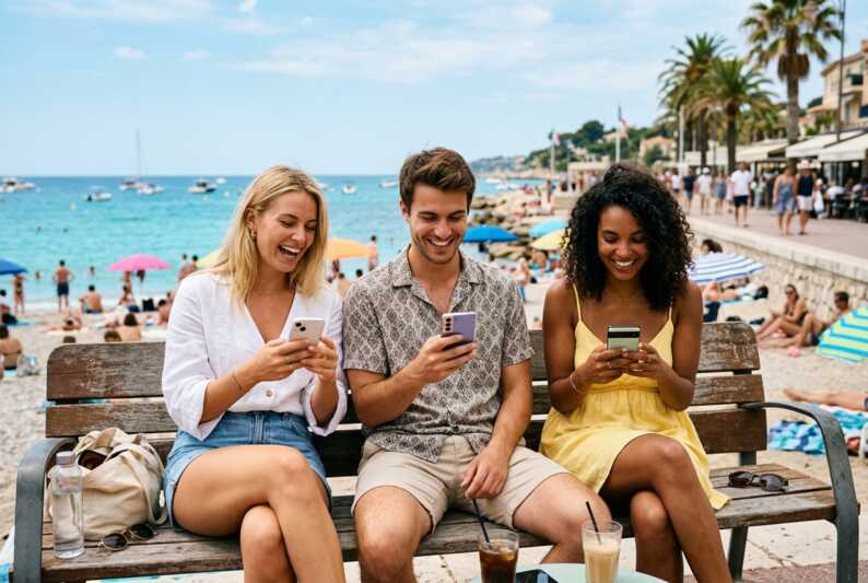 Trois personnes en tenue d'été utilisant leur smartphone avec les réseaux Orange, SFR et Bouygues Telecom.
