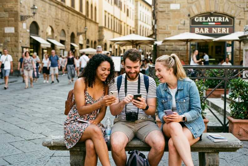 Trois personnes utilisant des smartphones en voyage à l'étranger.