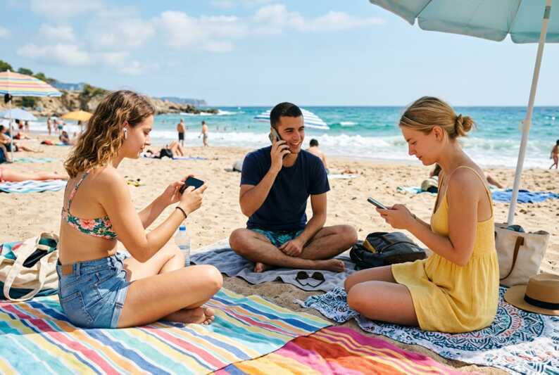 Trois personnes utilisant leur smartphone : une en streaming, une en appel et une partageant sa connexion.