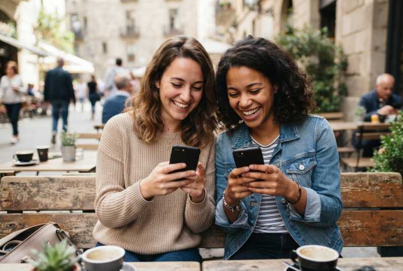 Deux personnes assises côte à côte utilisant leur smartphone.
