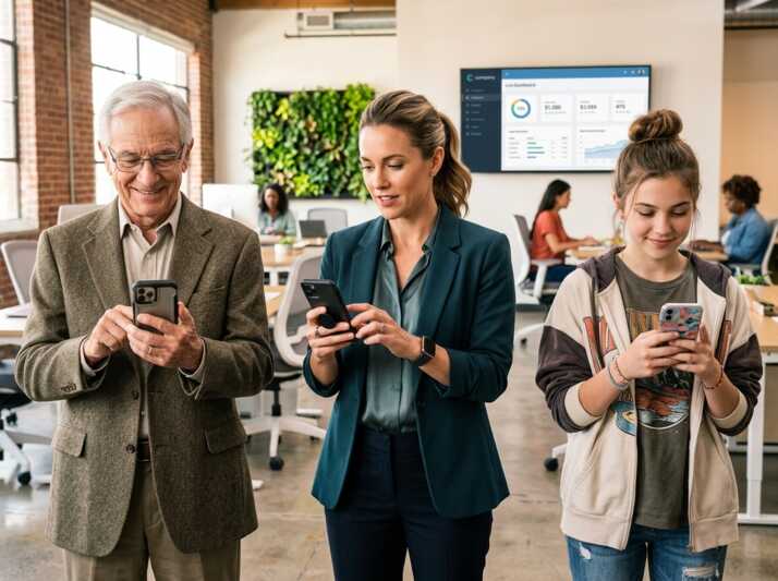 Une personne âgée, une femme active et une adolescente utilisent leur smartphone dans un bureau.