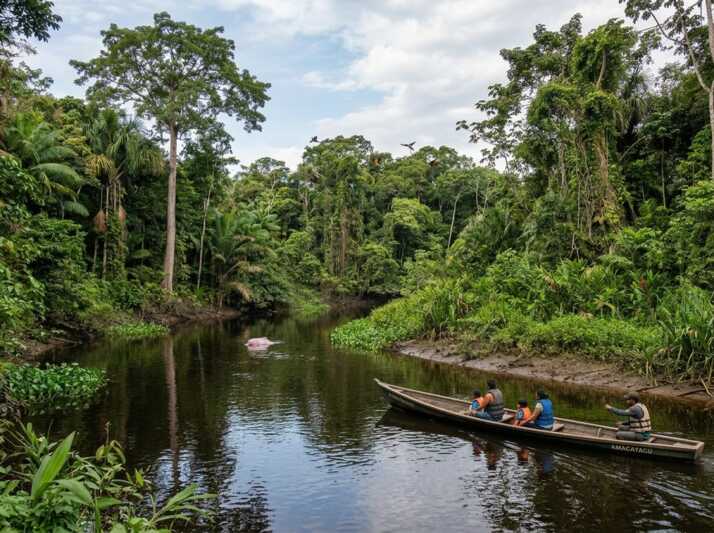 Personnes en pirogue sur une rivière en forêt tropicale avec un dauphin rose et des oiseaux en vol.