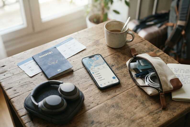 Smartphone, passeport, carte d'embarquement et sac de voyage posés sur une table avant un départ.