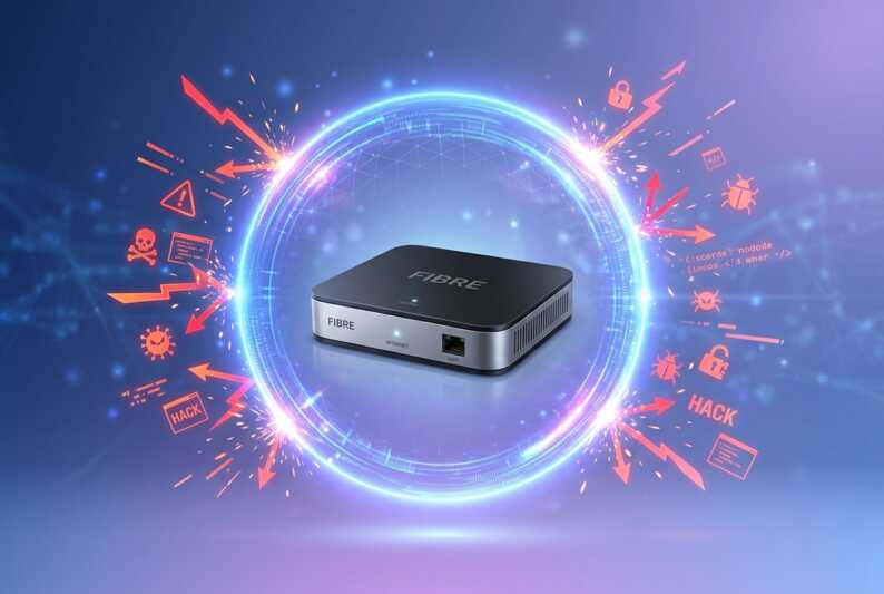 Box internet fibre au centre protégée par un halo numérique bloquant des icônes de cyberattaques.