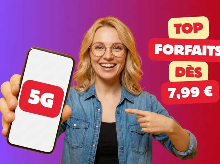 Femme blonde présentant un smartphone avec logo 5G, texte Top Forfaits dès 7,99€ sur fond dégradé violet et rouge.