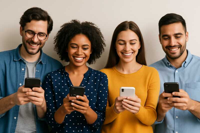 quatre personnes contentes avec leur smartphone a la main