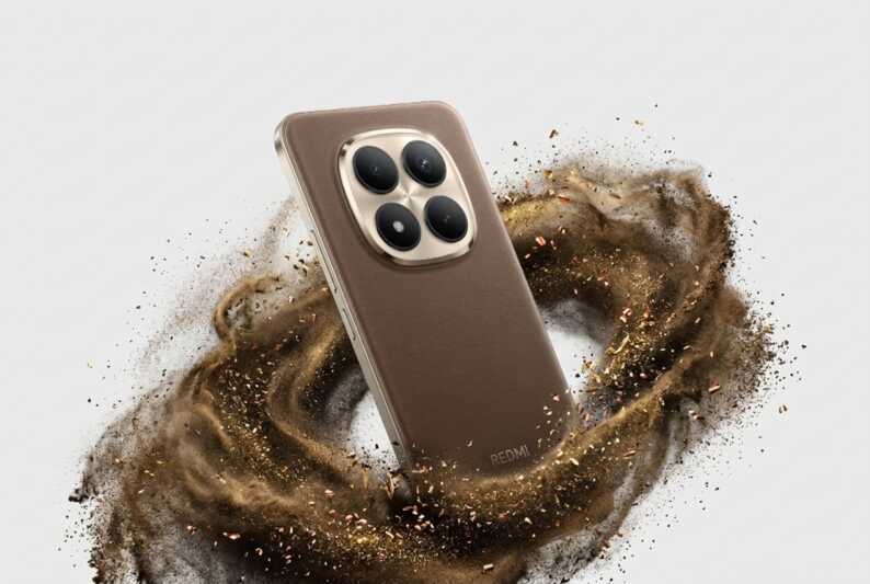 Smartphone Redmi avec dos en cuir marron entouré d'un tourbillon de poussière sur fond blanc.