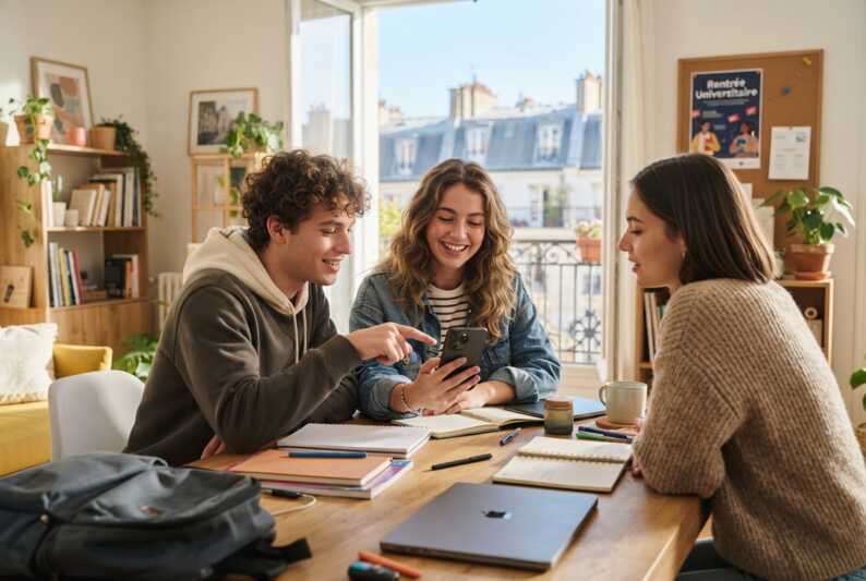 Jeunes adultes utilisant un smartphone 5G dans un environnement lumineux pour la rentrée scolaire.
