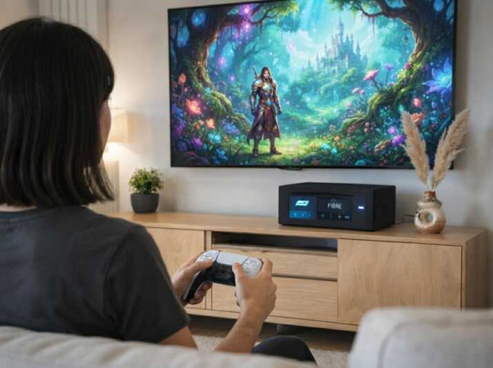 Salon avec un meuble en bois, une télévision affichant un paysage urbain et une box internet.