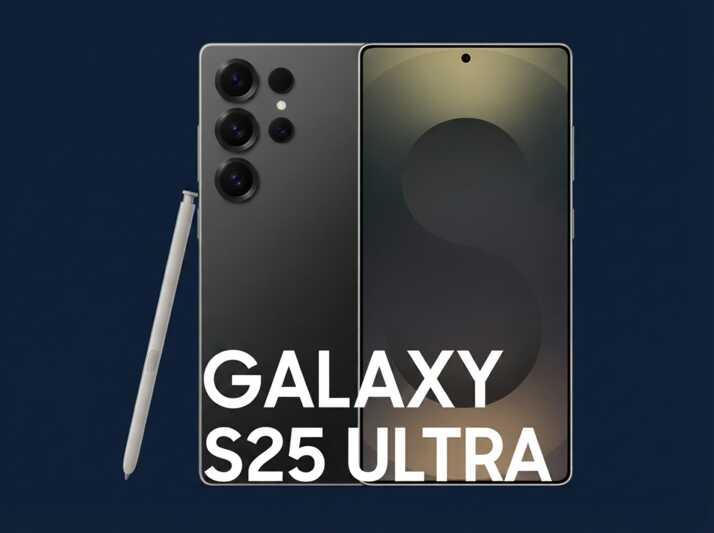 Smartphone Samsung Galaxy S25 Ultra avec stylet sur fond bleu.