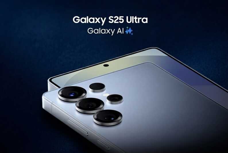 Smartphone Samsung Galaxy S25 Ultra avec module photo à plusieurs capteurs sur fond bleu.