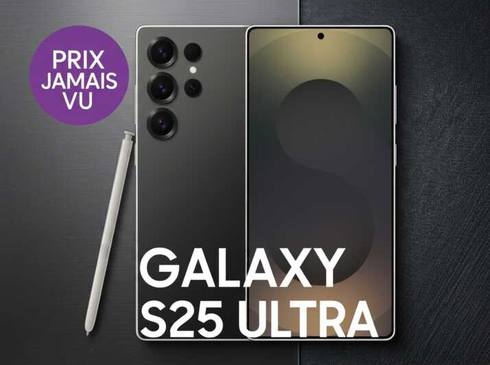 Smartphone Samsung Galaxy S25 Ultra avec stylet et mention Prix jamais vu sur fond gris.