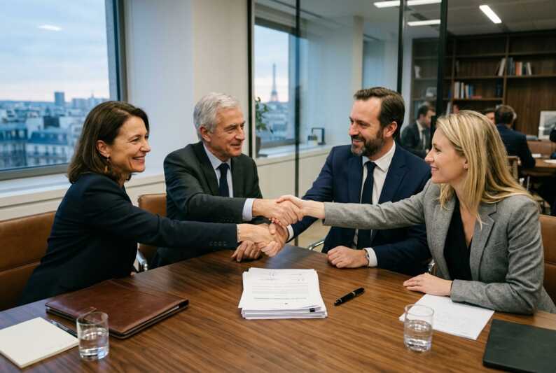 Quatre personnes se serrant la main après la signature d'un accord.