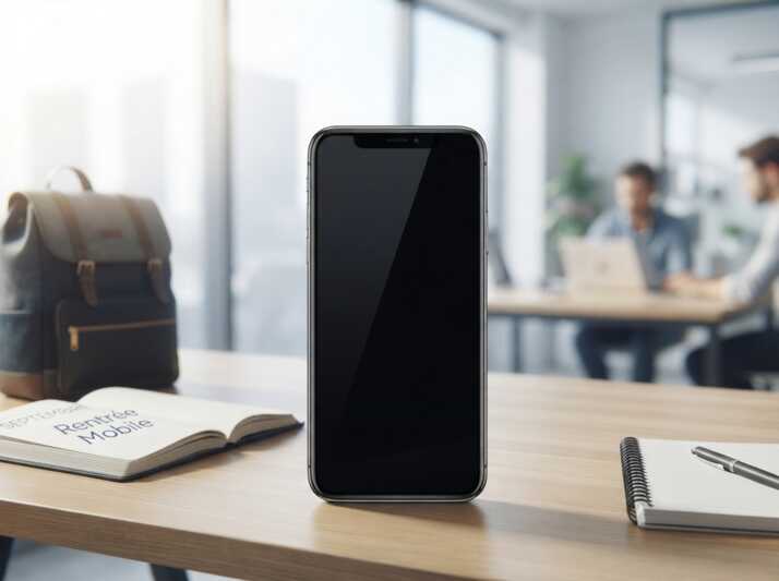 Smartphone avec écran noir posé sur un bureau dans un espace de travail.