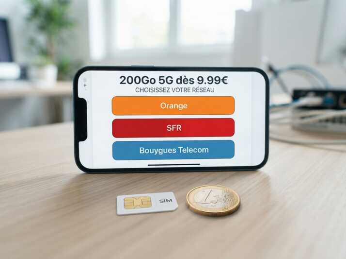 Smartphone affichant 200Go 5G dès 9.99€ avec choix de réseaux Orange, SFR et Bouygues Telecom, carte SIM et pièce d'un euro.