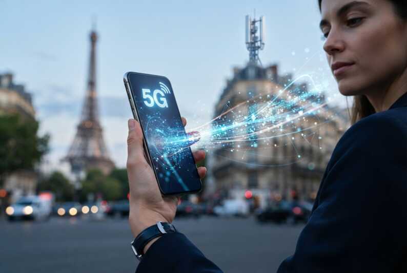 Smartphone moderne affichant une icône 5G avec des éléments graphiques numériques symbolisant le transfert de données.