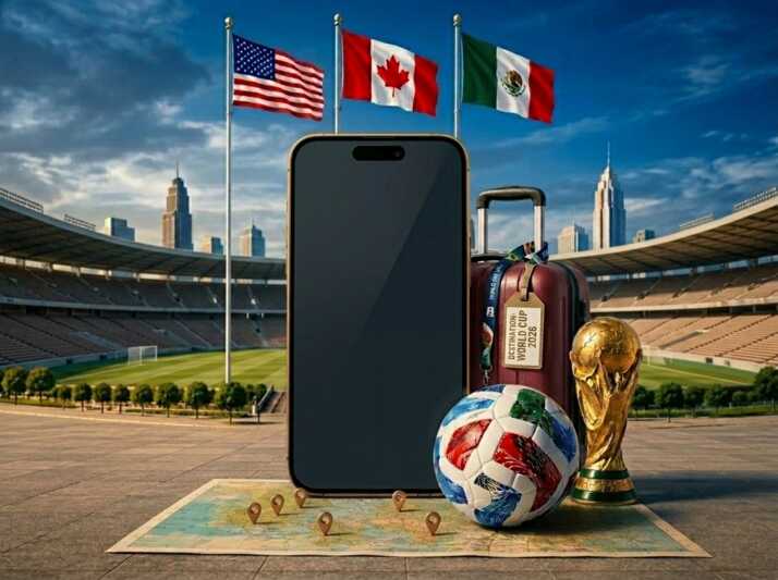 Smartphone sans carte SIM, ballon de football, trophée et valise devant les drapeaux des USA, Canada et Mexique.