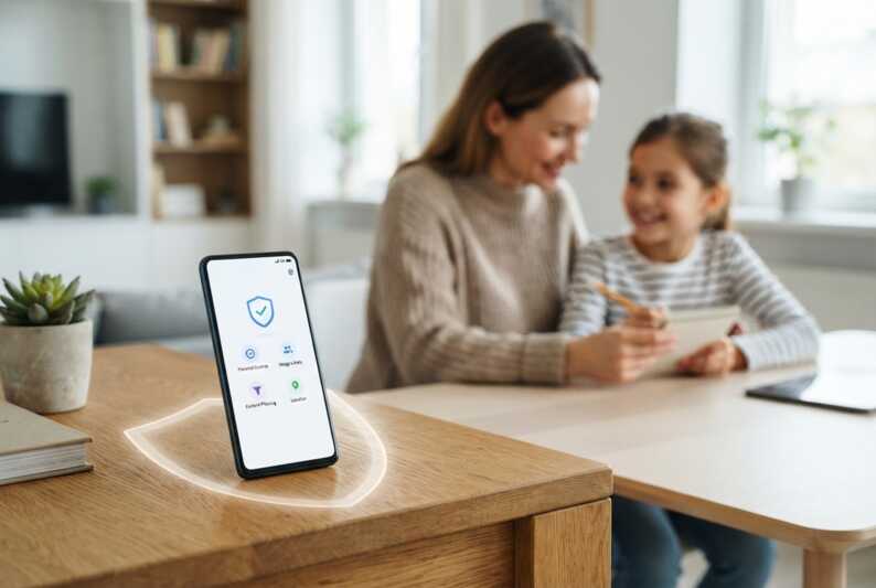 Smartphone moderne avec interface de contrôle parental, parent et enfant en arrière-plan.