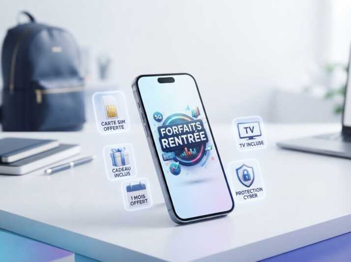 Smartphone affichant une offre de forfaits de rentrée avec des icônes de services sur un bureau.