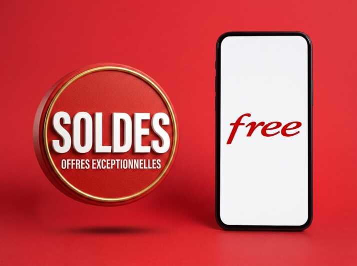 Smartphone affichant le logo Free à côté d'une vignette ronde rouge indiquant Soldes et Offres exceptionnelles.