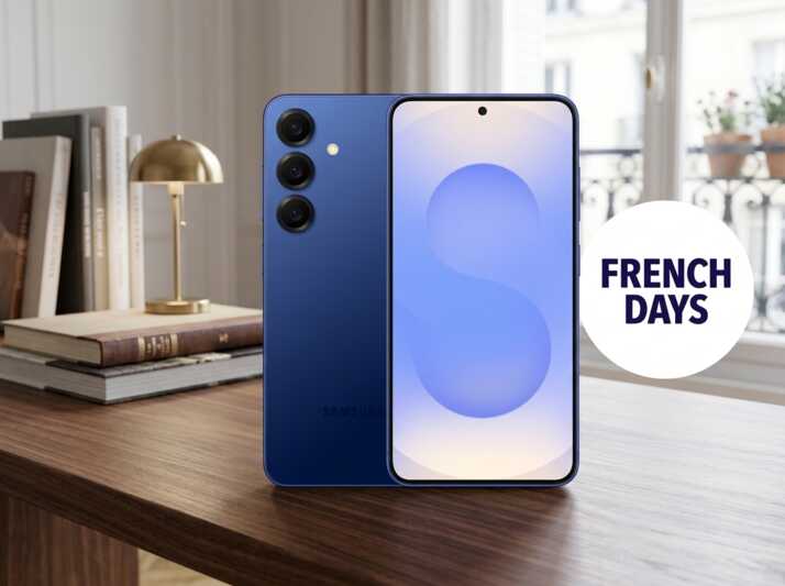 Smartphone Samsung bleu posé sur un bureau avec un logo French Days.