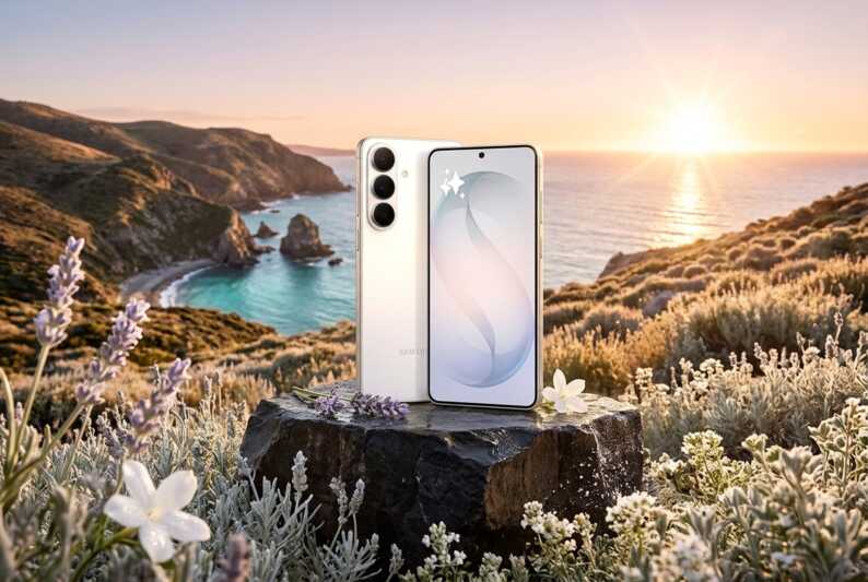 Smartphone Samsung posé sur un rocher au milieu d'un champ de fleurs face à la mer au coucher du soleil.