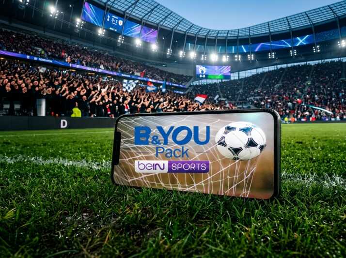 Smartphone posé sur la pelouse d'un stade de football affichant une publicité B&YOU et beIN SPORTS.