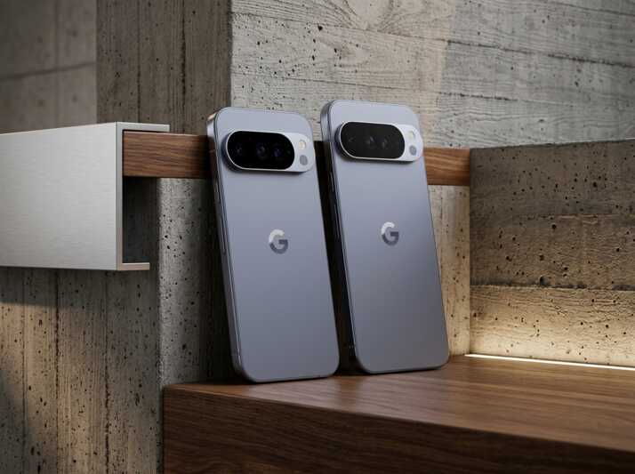 Deux smartphones Google Pixel posés sur une étagère en bois devant un mur en béton.