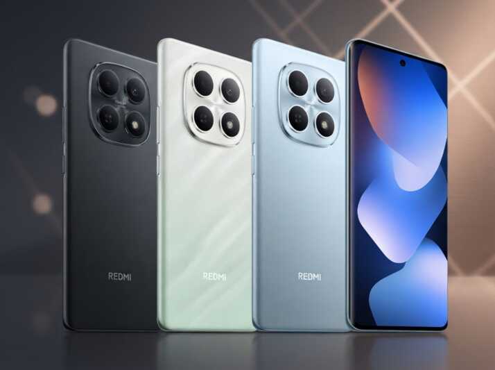 Trois smartphones Redmi de couleurs différentes alignés, montrant les faces arrière et un écran.