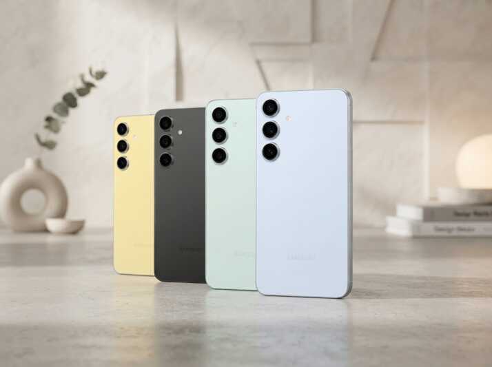 Quatre smartphones Samsung de couleurs différentes alignés sur une table.