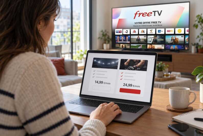 Une personne utilise un ordinateur portable pour souscrire à une offre Free TV affichée sur un téléviseur en arrière-plan.