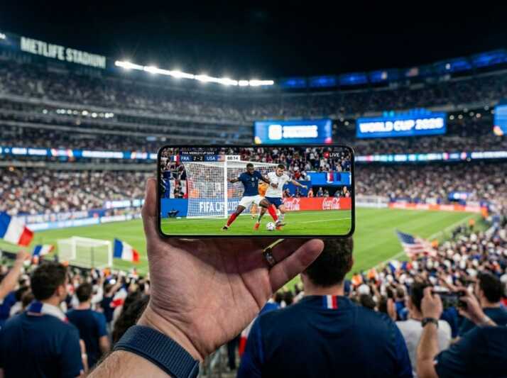 Main tenant un smartphone affichant un match de football dans un stade rempli de spectateurs.