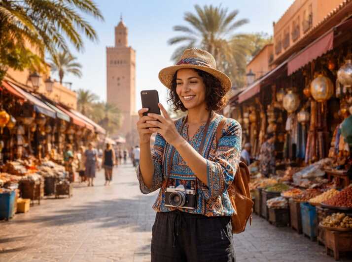 Une femme avec un chapeau et un appareil photo utilise son téléphone dans un marché de Marrakech.