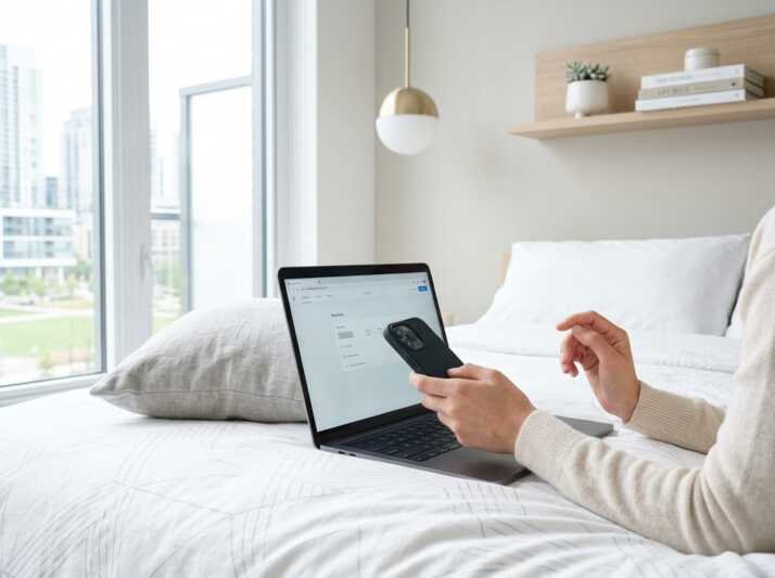 Personne utilisant un ordinateur portable et un smartphone sur un lit dans une chambre aux tons clairs.