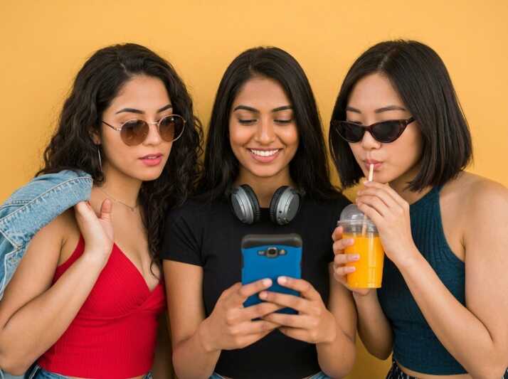 Trois jeunes femmes regardent un smartphone devant un fond jaune.
