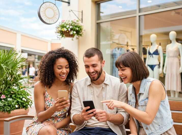 Trois personnes souriantes regardent des smartphones devant une vitrine de magasin en été.