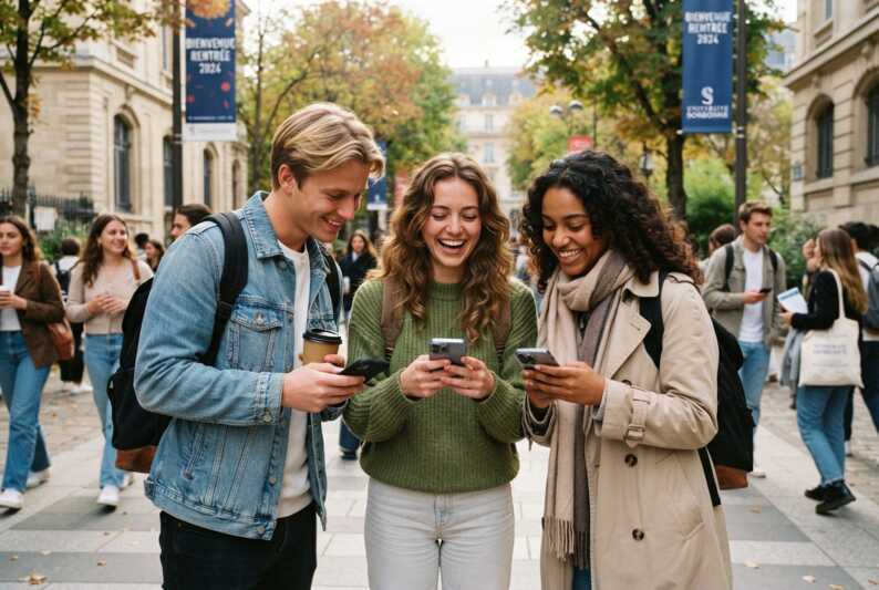 Trois personnes regardent un smartphone lors de la rentrée.