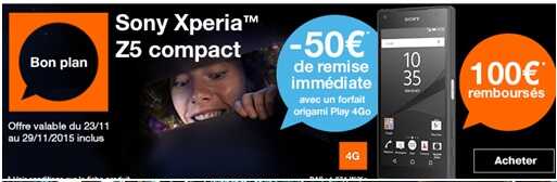 Vente flash Orange : Jusqu'à 150€ de remise pour l’achat du Sony Xperia Z5 Compact !