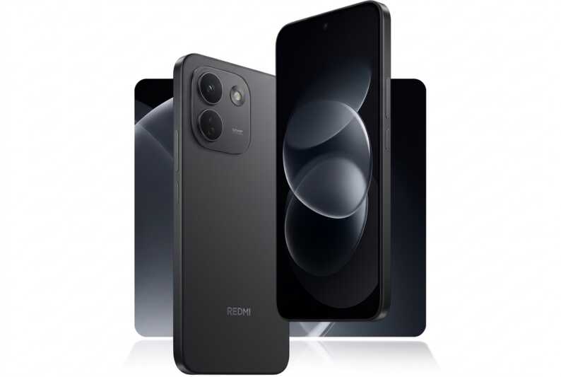 Smartphone Xiaomi Redmi noir vu de face et de dos avec un module photo à deux capteurs.