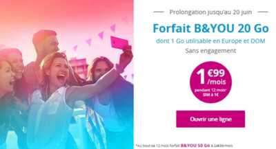 Prolongation ! Le forfait B&YOU 20Go à 1.99 euros disponible encore pendant 5 jours chez Bouygues Telecom