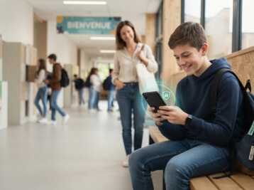 Un adolescent assis dans un couloir d'école utilise un smartphone avec une icône de cadenas numérique.