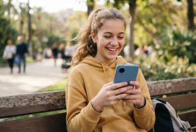 Une adolescente sourit en regardant son smartphone devant un mur uni.