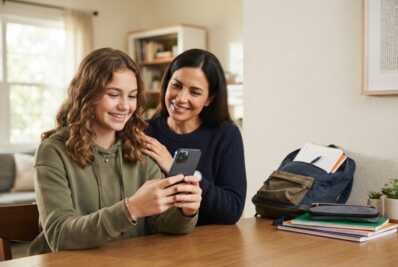 Une adolescente tient un smartphone avec un parent en arrière-plan, entourée de fournitures scolaires.